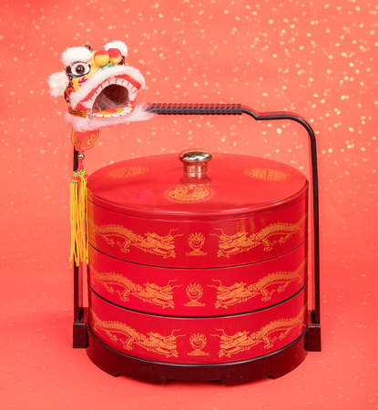 Traditional chinese lion with bonbonniere,calligraphy mean good blessの写真素材