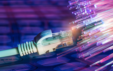 network cables closeup with fiber optical background