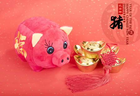 Tradition Chinese cloth doll pig,2019 is year of the pig,Chinese black characters translation: "pig".Rightside chinese wording & seal mean:Chinese calendar for the year.wording on pig mean good blessの写真素材