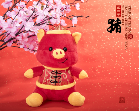 Tradition Chinese cloth doll pig,2019 is year of the pig,Chinese black characters translation: "pig".Rightside chinese wording & seal mean:Chinese calendar for the year.wording on pig mean good blessの写真素材