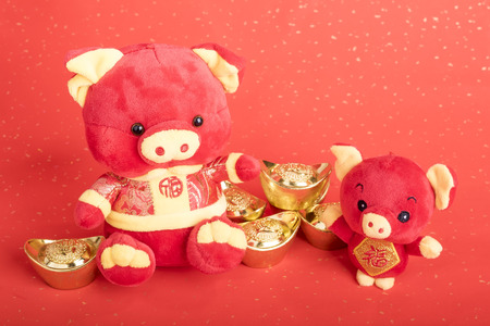 Tradition Chinese cloth doll pig, characters on pig and word on Rightside mean good blessの写真素材