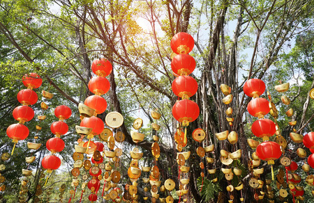 Tradition decoration lanterns of Chinese,calligraphy on coin translation: best wishes and good luck for moneyの写真素材