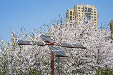 Ecological energy renewable solar panel plant with urban landscape landmarksのeditorial素材