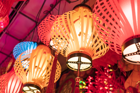 Tradition decoration lanterns of Chinese,word mean best wishes and good luck for the coming chinese new yearの写真素材