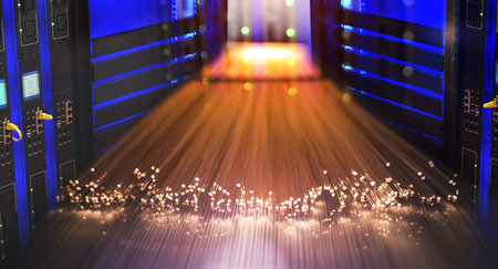 optical fibres dinamic flying from deep on technology background