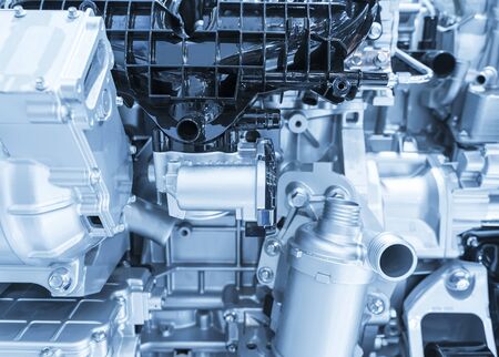 Battery and wire installed on electric system of eco car engine, Automotive part concept.