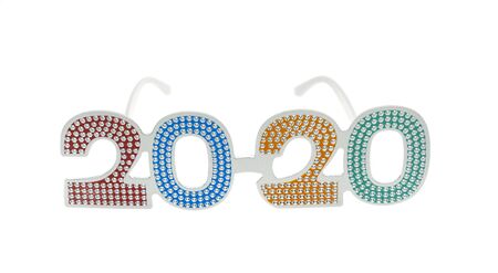 2020 text with eye glasses for New Year Eve celebration on white background