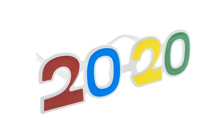 2020 text with eye glasses for New Year Eve celebration on white background