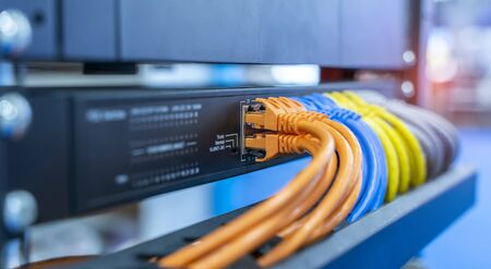 network cable connecting on network core switch close upの写真素材