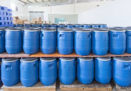 Blue Plastic barrels contain in factoryの写真素材