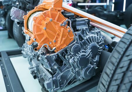 Battery and wire installed on electric system of eco car engine, Automotive part concept.
