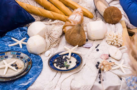 Beach Themed Ocean Wedding Reception Decorations. Party Centerpiece with Starfishの写真素材