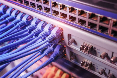 network cable connecting on network core switch close up