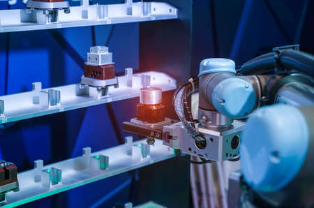 robotic arm catch for electronic assembly line. The robot for smart technology manufacturing process.の写真素材