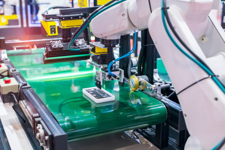 intelligence machine working in mobile phone factory,Smart factory industry 4.0 concept.