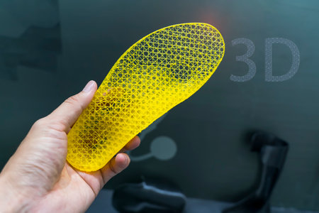 hand with 3d printed shoe figure close-upの写真素材