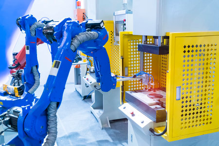 robot gripping and smart robot working on smart factory,industry 4.0 and technology.