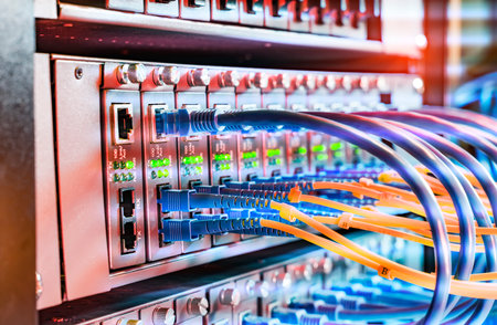 Fiber Optical cables connected to an optic ports and Network cables connected to ethernet ports