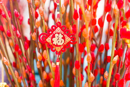 Lucky knot hanging on flower for Chinese new year greeting,Chinese character means good bless for new yearの写真素材