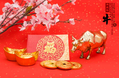 Tradition Chinese 2021 is year of the ox,Chinese characters on rightside mesn chinese wording and seal mean:Chinese calendar for the year.leftside and gold ingot translation:good bless for money.の写真素材