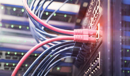 Server rack with blue and red internet patch cord cables connected to black patch panel in data...