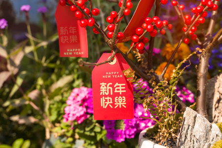 Lucky knot hanging on flower for Chinese new year greeting,Chinese character means happy new yearの写真素材
