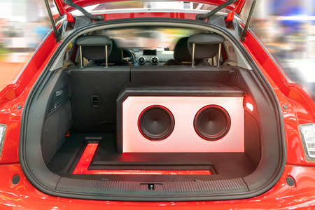 colorful lights of stereo and speakers in carの写真素材