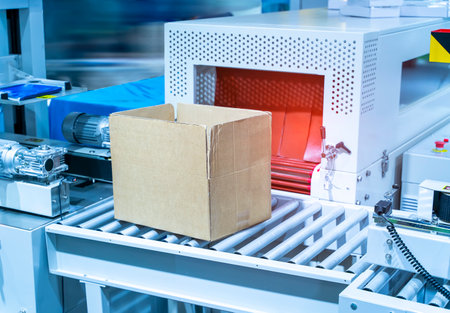 cardboard box of product packaging is moving on conveyor belt of automatic packing machine in the...