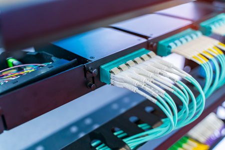 green optical patch cords inserted into the green optical ports, professional external device for...