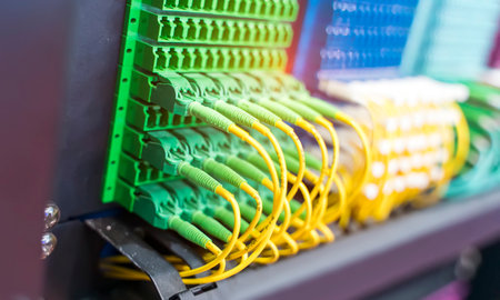 green optical patch cords inserted into the green optical ports, professional external device for televisionの写真素材