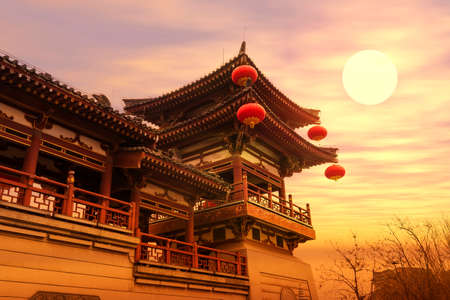 chinese temple qing long temple,xi an,china in sunsetのeditorial素材