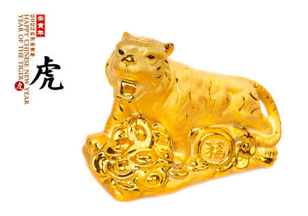 Tradition Chinese golden tiger statue,2022 is year of the tiger,Chinese characters translation: "tiger".leftside wording and seal mean:Chinese calendar for the year.word on tiger mean:good luckの写真素材