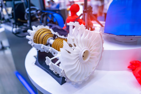 3d printed jet engine scale model. High bypass aircraft turbofan plastic replica.