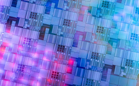 Silicon Wafer with microchips used in electronics for the fabrication of integrated circuits.の写真素材