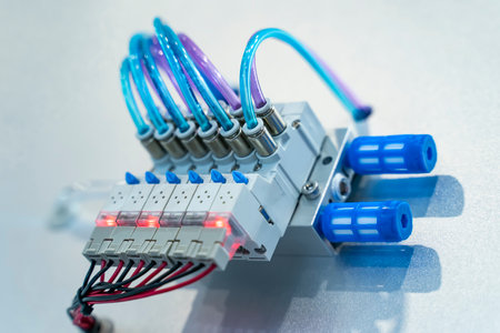 automatic pneumatic piston sucker unit on industrial machine,automation compressed air factory productionの写真素材