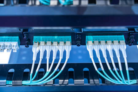 Fiber Optic cables connected to an optic portsの写真素材