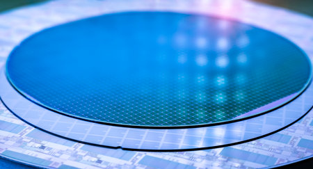 Silicon Wafer with microchips used in electronics for the fabrication of integrated circuits.の写真素材