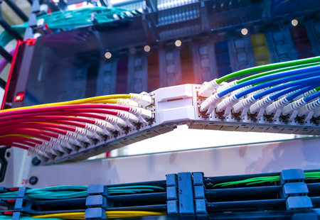 Server rack with blue and red internet patch cord cables connected to black patch panel in data...