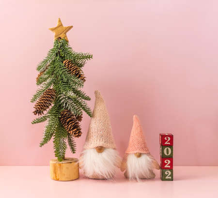 Cute Santa Claus dolls with christmas tree and 2022 year concept with blocks and text board,Happy...