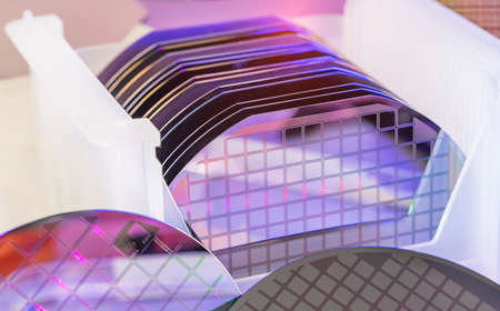 Silicon Wafers in plastic holder boxの写真素材