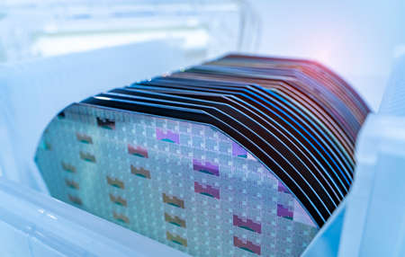 Silicon Wafers in plastic holder boxの写真素材