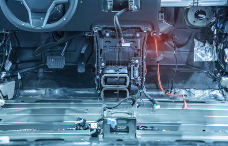 Large wide cable with wires and connectors and terminals in the wiring repair shop and electricians for connectingの写真素材