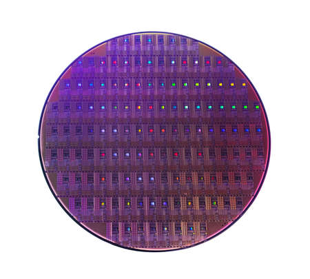 Silicon wafer with chips isolated on white backgroundの写真素材