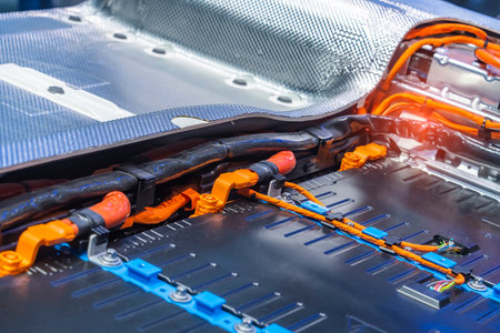 Electric car lithium battery pack and power connectionsの写真素材