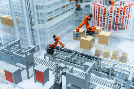 model of smart robot in manufacturing industry in intelligence factory warehouse for industry 4.0 and technology conceptの写真素材