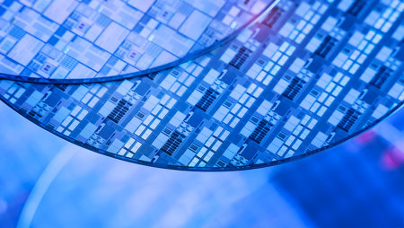 Silicon Wafers with microchips used in electronics for the fabrication of integrated circuitsの写真素材