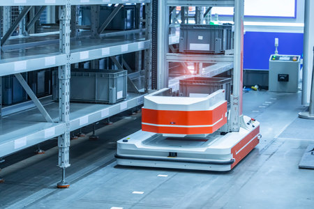 Automation in the warehouse controls a robot loader Robots sort and move boxesの写真素材