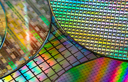 Silicon Wafers with microchips used in electronics for the fabrication of integrated circuitsの写真素材