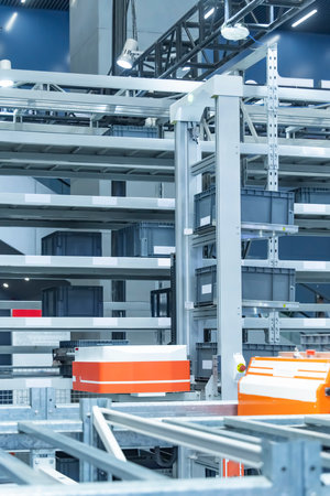 Automation in the warehouse controls a robot loader Robots sort and move boxesの写真素材