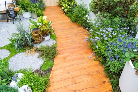 colorful flowers grow by wooden platformの写真素材